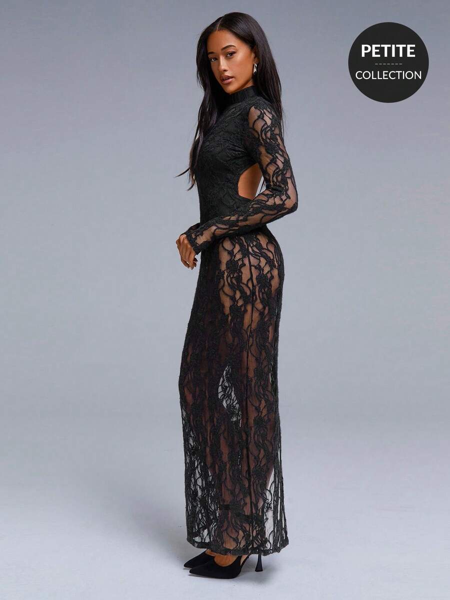 Athîral Petite Women's Pastal Floral Lace Backless Sexy Dress With Long Sleeve Fitted Maxi Dress Elegant Evening,Petite Women Golf Autumn - Black - View 1