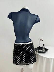 Elamini Áo khoác cardigan nữ mùa hè thường ngày, màu đen, khoét lỗ, cổ tàu, chất liệu lưới xuyên thấu, ôm sát, co giãn, gợi cảm, kiểu áo thun tay ngắn phiên bản cải tiến dành cho nữ giới châu Á, phù hợp cho thời trang đường phố, các bữa tiệc gợi cảm, lễ hội âm nhạc và các buổi khiêu vũ. - Màu xanh hải quân - Xem 2