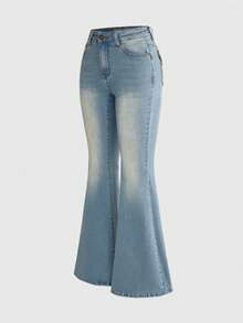 ROMWE Hippie Y2K嬉皮复古风音乐节口袋交叉翅膀刺绣修身喇叭裤女款 - 藏蓝色 - 查看 5