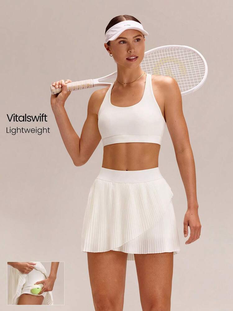 FeatherFit™-Air Game, Set, Glow Ultra-Lightweight Moisture-Wicking Sun-Protective Asymmetric Accordion Pleated Tennis Skirt With Built-In Shorts Side Pockets Tennis Golf Pickleball Daily Casual Wear