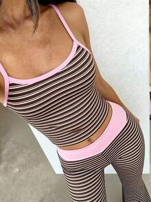 2pcs/Set Tween Girls Squishy Striped Pink Camisole Top + Striped Skinny Flare Pants Summer Outfit - Multicolor - View 1
