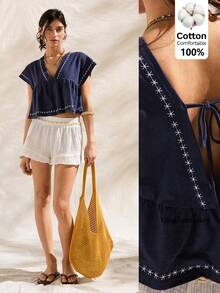 Easelle Áo babydoll nữ cổ chữ V thêu họa tiết tay ngắn kiểu cánh dơi, hở lưng, buộc dây phía trước, thích hợp cho bãi biển và kỳ nghỉ. - Xanh đậm - Xem 6