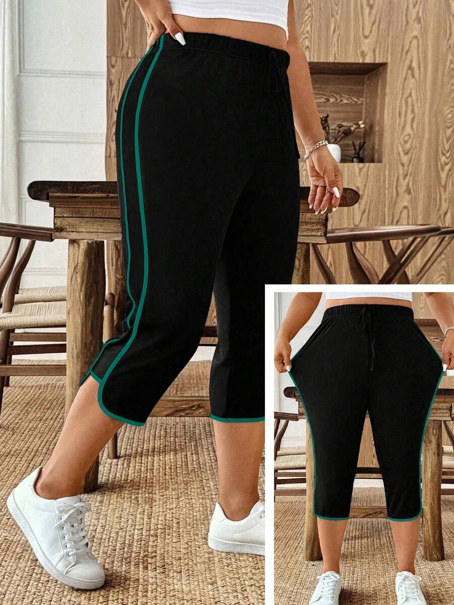 SHEIN CURVE+ Quần ống rộng kẻ sọc dáng thanh lịch, thường ngày, kiểu dáng thể thao, thắt nơ dành cho nữ cỡ lớn. - Màu xanh lá cây đậm - Xem 1