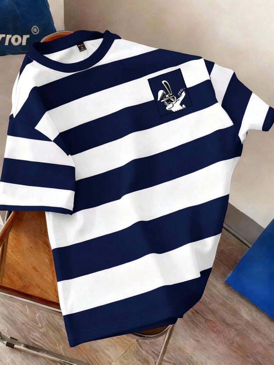 Manfinity Joysei Men's Contrast Color Striped Crew Neck Short Sleeve T-Shirt - Navy Blue - View 1