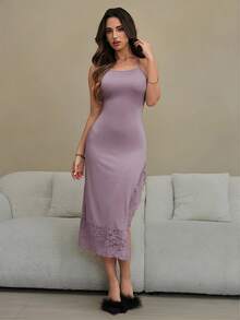 HautHeat Women's Elegant Lace Patchwork Side Slit Backless Halter Neck Summer Dress - Rusty Rose - View 4