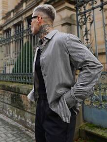 Artur Kramer 男士时尚商务休闲条纹印花长袖衬衫，秋季 - 黑色 - 查看 6