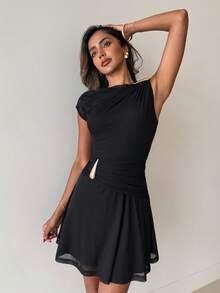 Aloruh Women's Casual Black Metal Buckle Mini Dress - Black - View 3