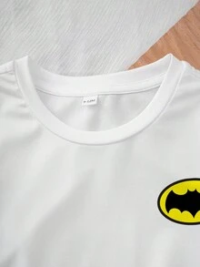 BATMAN X SHEIN 男婴圆领短袖可爱卡通印花休闲上衣，全身印花 - 白色 - 查看 6