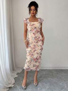 Elenzga Women's Elegant Romantic Mesh Printed Ruched Midi Dress, Suitable For Wedding Season, Party, Date, Casual Outing, Spring/Summer - Light Yellow - View 5