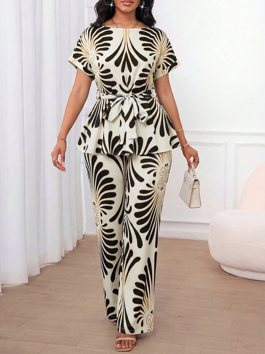 SHEIN Lady Bộ đồ nữ thanh lịch 2 mảnh: Áo cổ thuyền thắt eo và quần in họa tiết toàn thân. - Nhiều màu - Xem 1