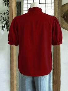 Linhara Plus Size Valentine's Day & Spring Solid Color Puff Sleeve Blouse - Red - View 2