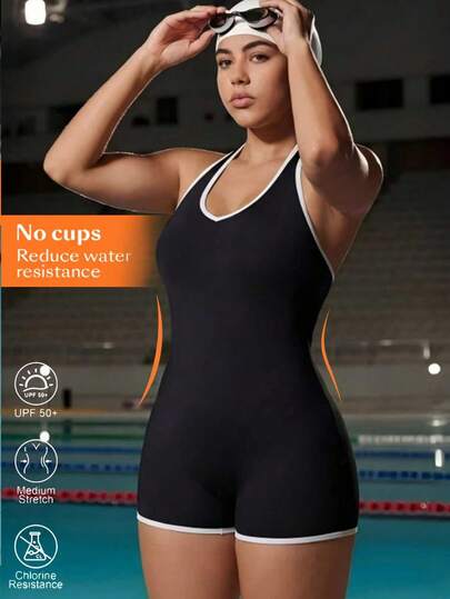 Swim Nautrix 2026春夏新款纯色连体式坦克泳衣，带可拆卸胸垫，蝴蝶结领口，优雅性感露背修身运动泳装，休闲时尚海滩度假风