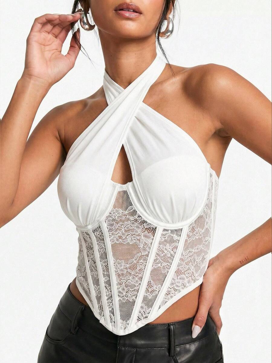 Slaydiva Summer New Criss-Cross Spaghetti Strap Lace Fitted Waist Camisole Top For Women - A,Summer Top