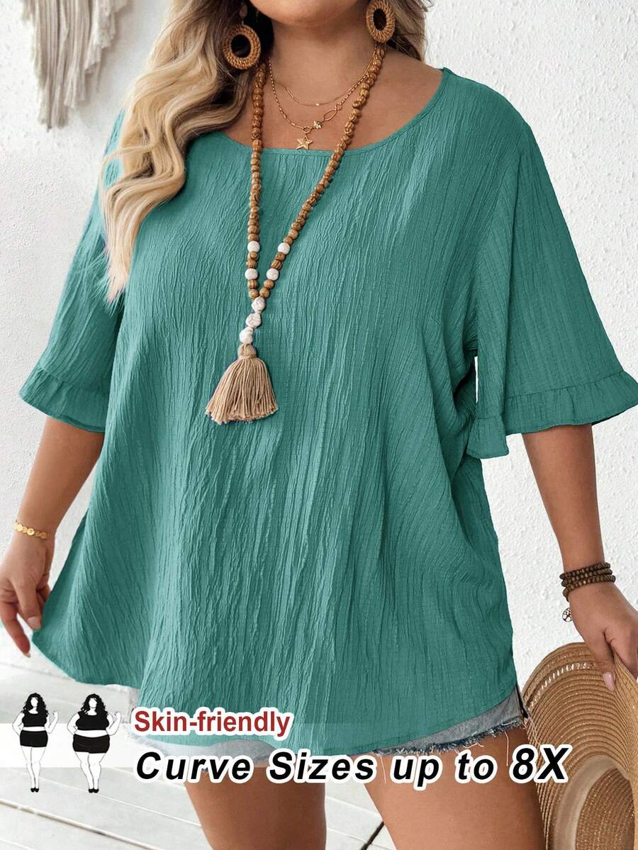 SHEIN CURVE+ Women Plus Size Khaki Blouse, Ruffled Short Sleeve Loose Hem Casual Holiday Dressbeach Outfits For Woman/Beach Dress/Beach Vacation Outfits/Beach Essentials / Graduation/Tea Party Dresssummer/Country/Beach Vacation Outfits/Beach Outfits/Beach Wear - Mint Green - View 1