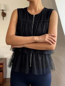 FRIFUL Women's T-Shirt With Zipper, Layered Mesh Pleated Design, Loose Casual Versatile Summer Outfit, Suitable For Vacation And Music Festivals - Black - View 9