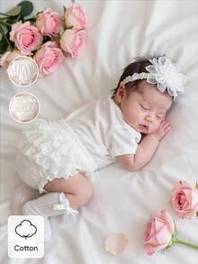 SHEIN Newborn Baby Girls' White Lace Trim Comfortable Shorts High Elastic Waist Multi-Layer Lace Back Everyday Princess Wear For 0-9 Months Infant Girls - White - View 1