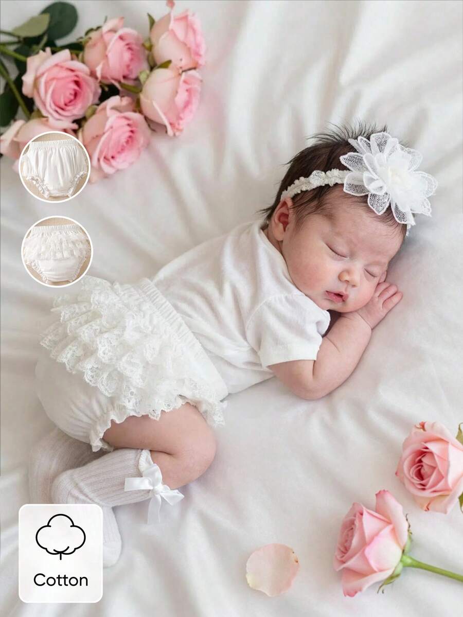 SHEIN Newborn Baby Girls' White Lace Trim Comfortable Shorts High Elastic Waist Multi-Layer Lace Back Everyday Princess Wear For 0-9 Months Infant Girls - White - View 1