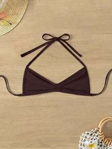 Swim SXY Women's Solid Color Halter Tie Bikini Top, Suitable For Summer Vacation And Beach Bathing Suit Yk2k Tops Yoga Top 2 Piece Set Swimsuit - Brown - View 4