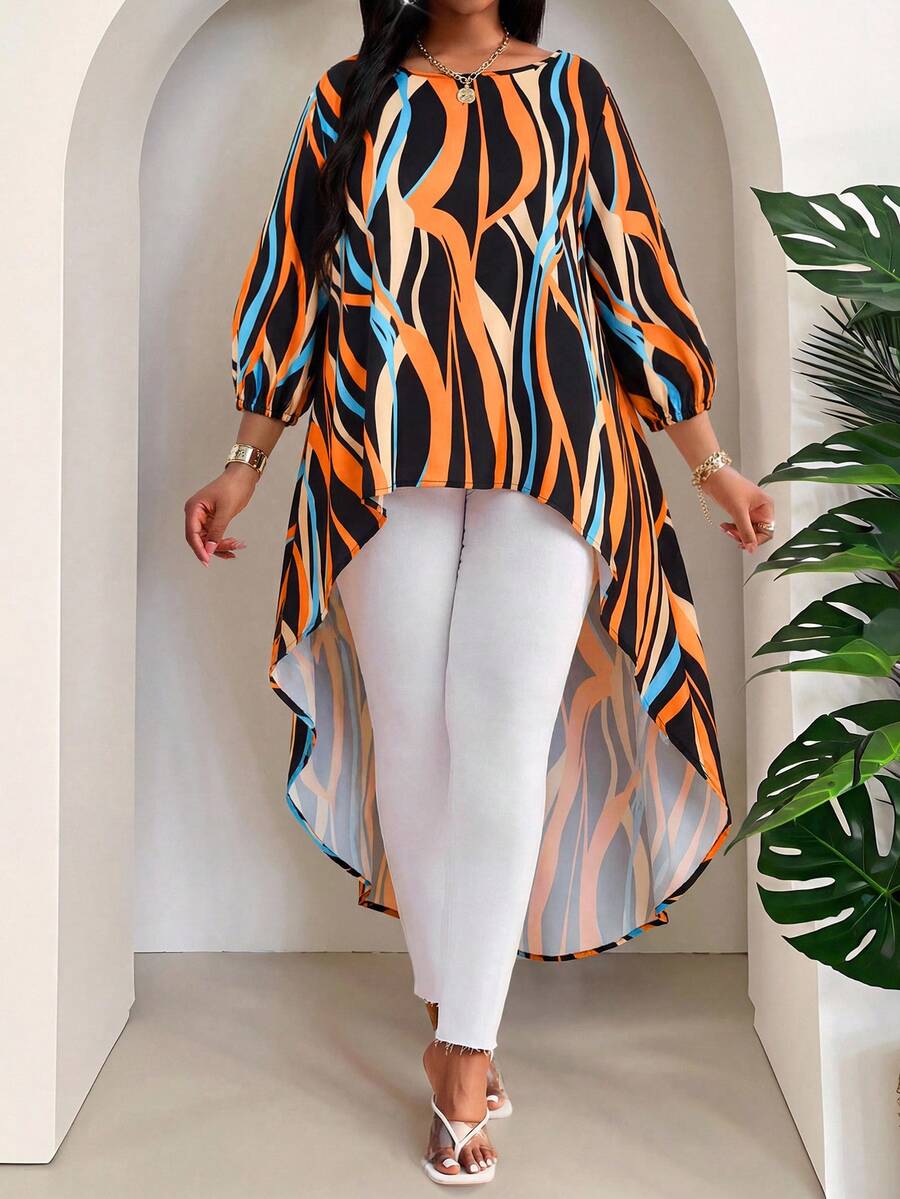 SHEIN Lady Áo thun và áo kiểu cỡ lớn, thích hợp cho mùa xuân và hè, kiểu dáng thanh lịch, công sở, thường ngày, phong cách boho, nhiều màu sắc, chất liệu dệt kim, cổ tròn, tay lửng, vạt trước ngắn vạt sau dài; Áo kiểu cỡ lớn. - Nhiều màu - Xem 1