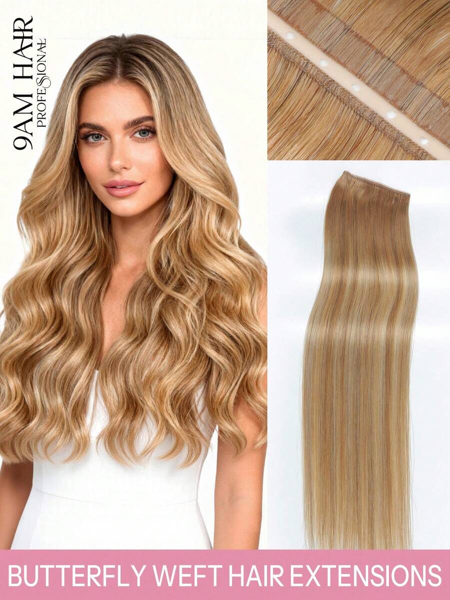 9AM HAIR Butterfly Weft Hair Extensions Human Hair Glueless OVO Pu Hole Genius Hand Tied Invisible DIY Double Weft Hair Extensions Straight 1pc 16 Inches - S10/10/22 - View 1