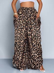 SOLERSUN Fashionable Leopard Print Pleated Drawstring Waist Casual Loose Wide-Leg Pants - Brown - View 6