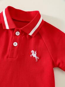 SHEIN Áo polo tay ngắn màu đỏ dệt kim kiểu dáng thường ngày đa năng cho bé trai, áo tay ngắn cho bé trai. - Đỏ - Xem 6