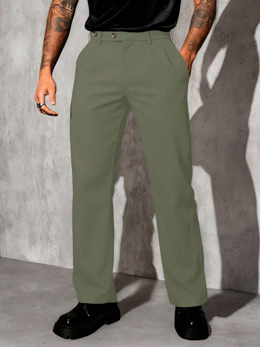 Manfinity Homme Men's Casual Solid Color Slant Pocket Folded Pleated Straight Leg Pants - Army Green - View 1