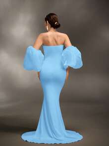 Cheriluna Maternity 孕妇写真礼服/优雅派对礼服/迎婴派对礼服 - 修身针织连衣裙，配有3D袖子、心形领口和褶皱细节 - 淺藍色 - 查看 2