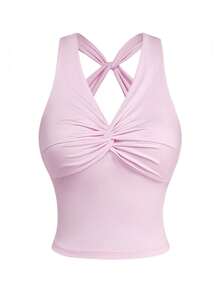 1件吸湿排汗基础款V领扭结设计运动吊带背心，粉色，健身/瑜伽 - 彩色 - 查看 1