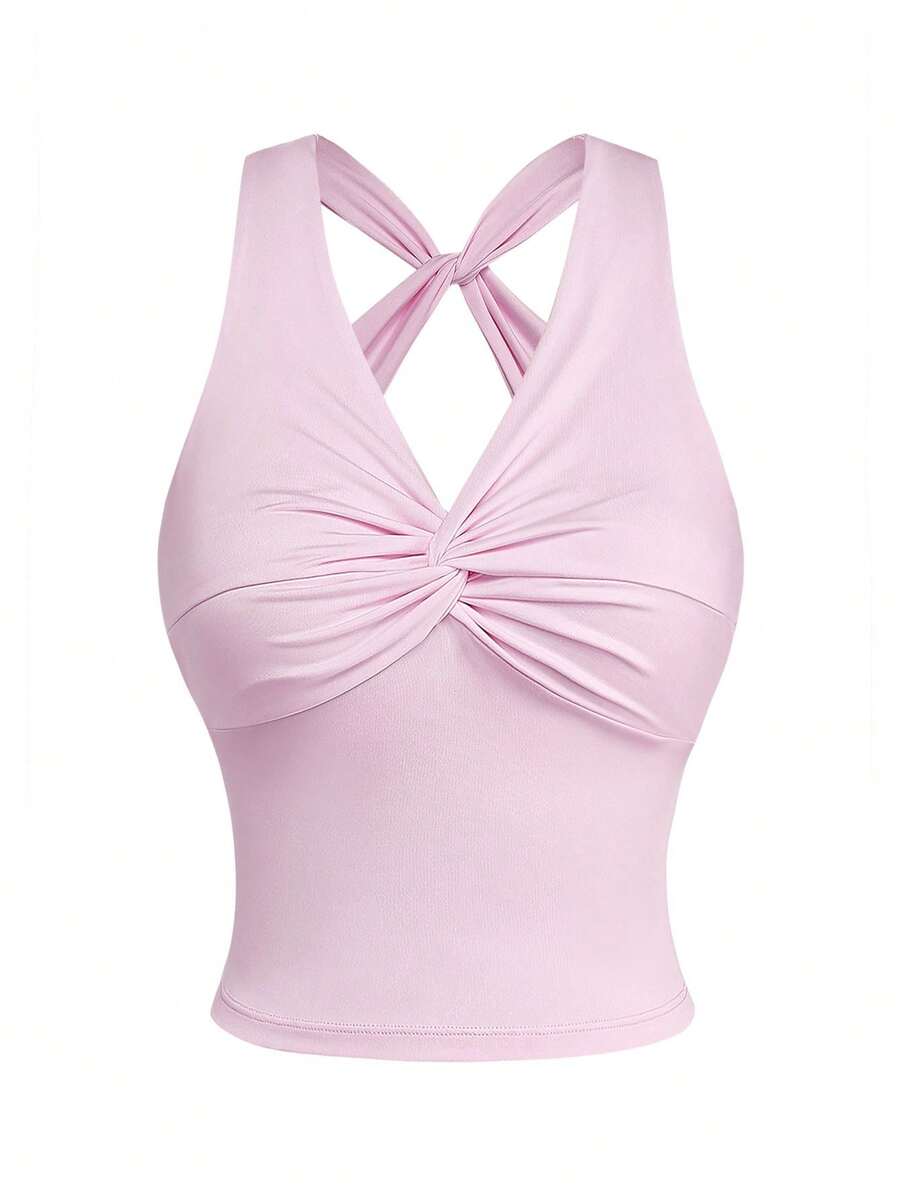 1件吸湿排汗基础款V领扭结设计运动吊带背心，粉色，健身/瑜伽 - 彩色 - 查看 1