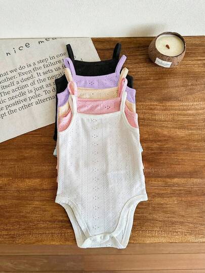 SHEIN LMoss Kids 5pcs/Set Newborn Baby Girl Cute Solid Color Knitted Romper Outfit, Summer