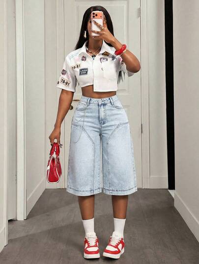 Slaydiva Women's High Waist Pockets Wide Leg Loose Casual 7/8 Length Jeans