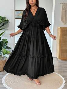 Vionelle Plus Size French Style Solid Color Boho Ruffle Trim Regular Dress, Spring/Summer Holiday Dinner Vacation Vacation Holiday Black - Black - View 7