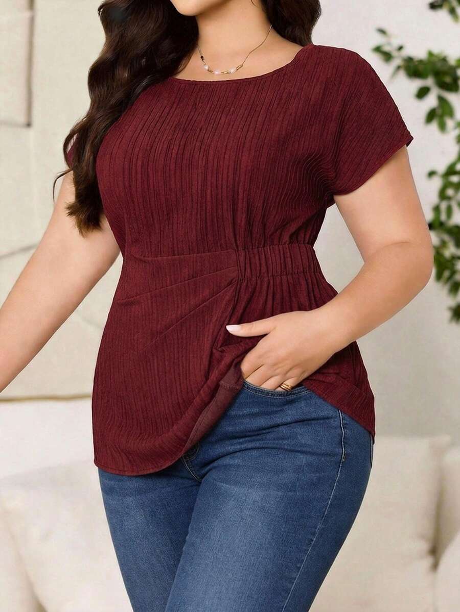 Reflora Casual Minimalist Maroon Plus Size Shirt, Suitable For Summer - Burgundy - View 1