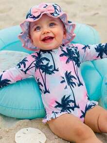 SHEIN 可爱女宝宝棕榈树印花连体泳衣，插肩袖设计，长袖款式，适合女宝宝穿着，夏季度假必备 - 彩色 - 查看 1