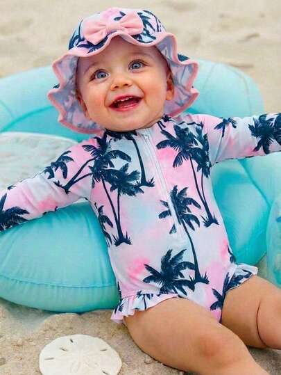 SHEIN Cute Baby Girl Palm Tree Print One-Piece Swimsuit With Raglan Sleeves Baby Girl Swimsuit Long Sleeve Swim Suit For Baby Girl Long Sleeve Long Sleeve Baby Girl Swimsuit Long Sleeve Bathing Suit Baby Girl Swimwear Long Sleeve Summer Holiday