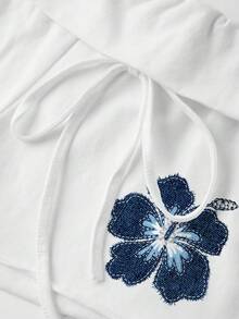 SHEIN EZwear 女士复古印花芙蓉花腰带系带短裤，适合外出、街头风、机场、时尚、居家、Y2K风格 - 白色 - 查看 7