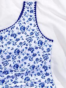 SHEIN 女童撞色滚边连体泳衣，撞色贝壳装饰，不对称肩部设计，适合夏季度假、圣诞节、节日、新年、情人节等场合，高腰泳衣套装，度假两件套，蓝色碎花泳衣，夏季两件套，蓝色雏菊泳衣，单肩比基尼，青少年泳装，蓝色雏菊学院风两件套 - 藍色 - 查看 2