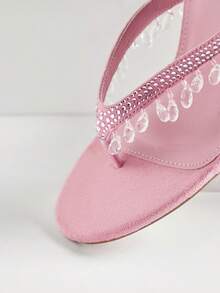 SHEIN SHUZIA Giày sandal cao gót mũi vuông đính pha lê tua rua thời trang dành cho nữ, thích hợp dự tiệc và dạ hội, màu hồng. - Hồng - Xem 6