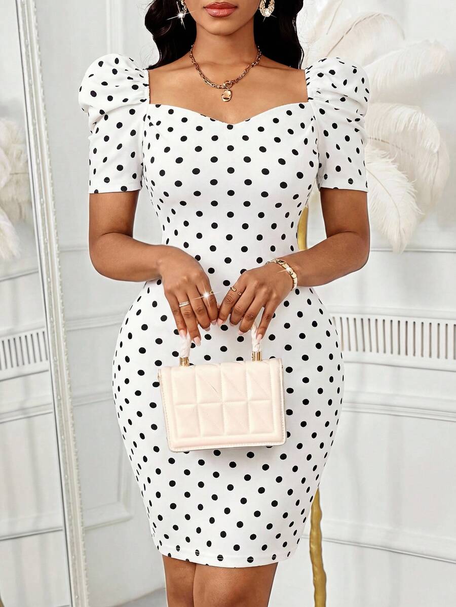 SHEIN Lady Đầm nữ thanh lịch, cổ tim, tay cánh hoa, in chấm bi, ôm dáng. - trắng - Xem 1