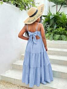 SHEIN Kids/Tween Girls' Vacation Casual Spring/Summer Textured Solid Color Ruffle Hem Bow Tie Back Dress, Blue - Blue - View 6