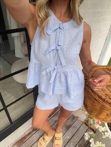 Serisse Women's Cute White And Blue Gingham 2 Pieces Set,Plaid Bow Front Peplum Tank Top Shorts,Summer Holiday Vacation Outfit,Casual Tropical Beach Clothes - Blue and White - View 8