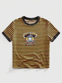 ROMWE MEN Betty Boop | ROMWE Áo thun nam tay ngắn cổ tròn kẻ sọc kiểu retro Betty, viền tương phản - Nhiều màu - Xem 1