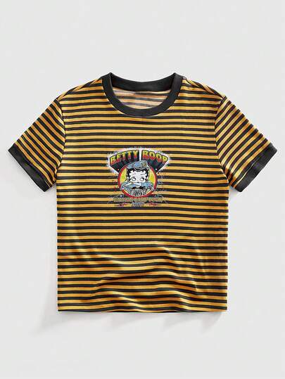 ROMWE MEN Betty Boop | ROMWE Áo thun nam tay ngắn cổ tròn kẻ sọc kiểu retro Betty, viền tương phản
