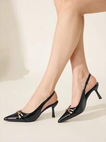 CUCCOO CHICEST 2026春夏新款女鞋，后跟金属装饰尖头细跟7.2厘米优雅漆皮黑色露跟女式高跟凉鞋，通勤约会女式高跟鞋 - 黑色 - 查看 6