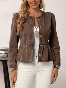 EMERY ROSE Plus Size Women's Western Style Denim Jacket - Coffee Brown - View 4
