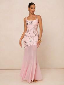 Lumalex Đầm đuôi cá cổ yếm phối lưới đính sequin mùa xuân/hè, trang phục thanh lịch màu hồng, không thể thiếu cho các bữa tiệc, sự sang trọng, quyến rũ, phong cách mới, sang trọng dành cho nữ, thích hợp cho dạ hội, tiệc tùng, tiệc chiêu đãi, kín đáo, quý phái, lấp lánh, tiệc tùng ngày lễ, lễ hội, dã ngoại, kỳ nghỉ, ngoài trời, nhiều lớp, mùa cưới, tiệc Giáng sinh, năm mới, đầm sequin hồng lấp lánh, đầm dạ hội màu hồng, đầm quyến rũ, đầm dự tiệc thắt nơ màu hồng, đầm Vegas, trang trí ngọc trai. - Hồng - Xem 12