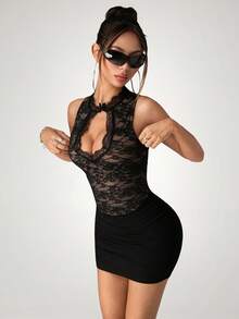 SHEIN ICON Đầm ngắn ren đen khoét lỗ dành cho nữ, đầm đen, đầm thanh lịch, đầm dự tiệc, đầm đi nghỉ mát. - màu đen - Xem 5