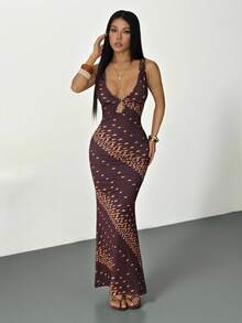 SHEIN PETITE Đầm dài không tay cổ chữ V khoét eo dành cho nữ, thích hợp cho kỳ nghỉ hè, hẹn hò, phong cách quý tộc, trang phục giáo viên, trang phục hẹn hò. - màu nâu - Xem 4