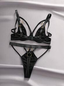 EmpressEnvy Conjunto de sutiã feminino de cetim brilhante com aro, bojo triangular e alças decoradas, e calcinha fio dental de cintura alta. - Preto - Ver 2